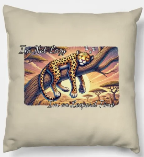 A cuddly pillow featuring a comic leopard sleeping on a branch, with the African savanna in the background.