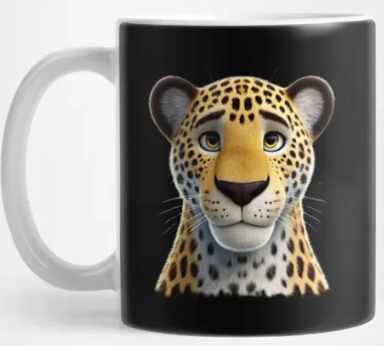 A good mood mug with a cute comic portrait of a leopard.